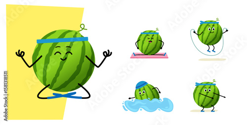 Cute Watermelon character. sport - meditation, yoga, pose. swimming, Skipping rope