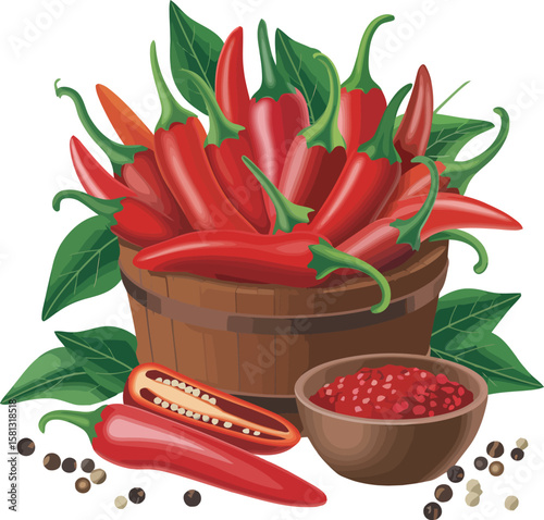 Spicy Red Chili Peppers in Wooden Bucket with Ground Pepper and Seeds on Transparent Background for Culinary and Food Designs