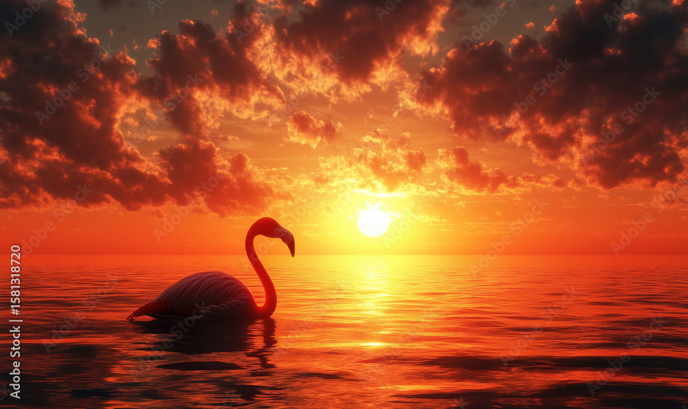 Fototapeta premium Stunning sunset with flamingo silhouette over tranquil water and dramatic clouds.