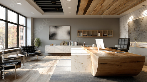 A modern office space featuring a large wooden desk and comfortable seating area near the window
