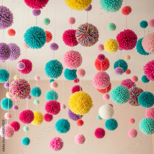 Colorful pom-poms for ceiling decoration