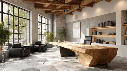 A modern office space featuring a large wooden desk and comfortable seating area near windows