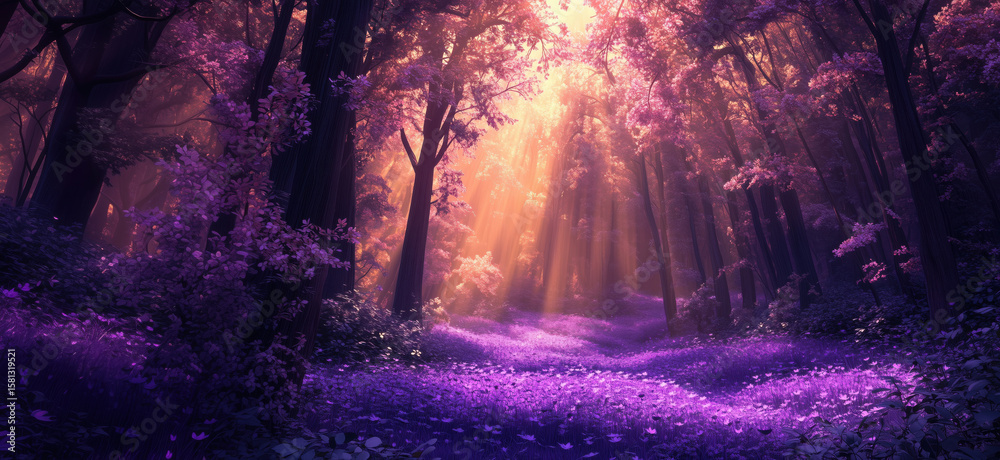 Fototapeta premium Enchanting purple forest with sunlight filtering through trees and vibrant flowers.