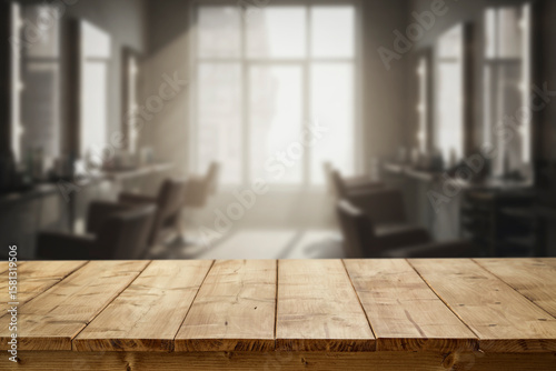 Empty wooden table with copy space in front of blurred hair salon interior. Ideal for promoting hair care products, beauty services or branding in the wellness and cosmetic industry.