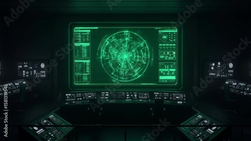 A view of a futuristic spaceship control panel with glowing green screens and controls