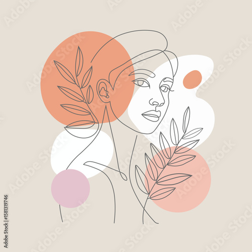 Minimalist Woman Line Art with Botanical Elements and Abstract Shapes