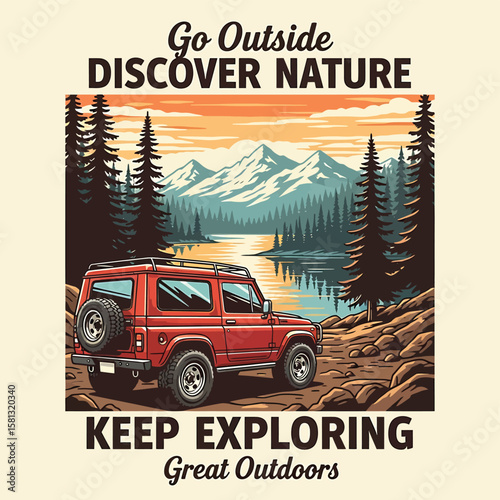 A scenic outdoor adventure shows a car exploring mountains, forests, and a lake, perfect for travel posters or inspirational artwork celebrating exploration and nature.