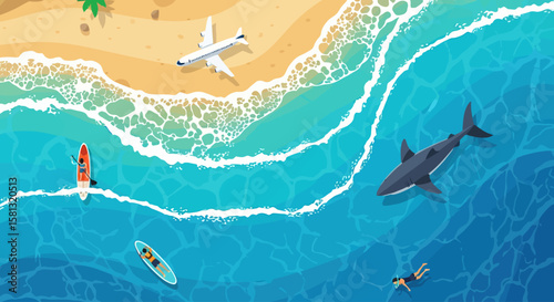 Large Shark Swimming Near Surfers and Swimmer in Clear Blue Ocean by Sandy Beach with Airplane
