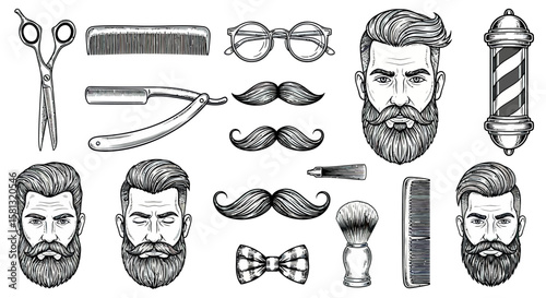 Vintage Barber Tools and Male Hairstyles with Beards and Mustaches in Black and White
