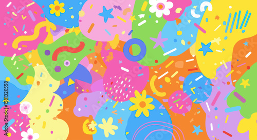 Colorful Abstract Shapes and Confetti Pattern with Bright Playful Design
