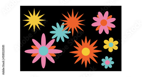 Colorful Abstract Geometric Flowers on Black Background with Bright Vibrant Colors
