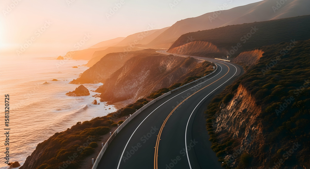 Fototapeta premium Scenic coastal highway at sunset offering a panoramic vista of natural beauty and asphalt adventures