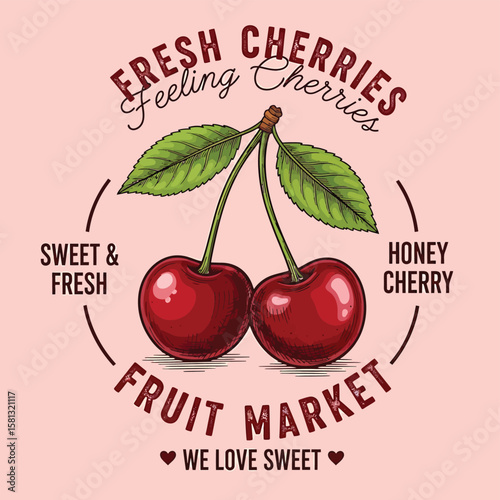 Fresh Cherries graphic designed for labels, packaging, and market promotions that offers a tasty representation of summer's sweetest fruit, ideal for branding and decorative applications.