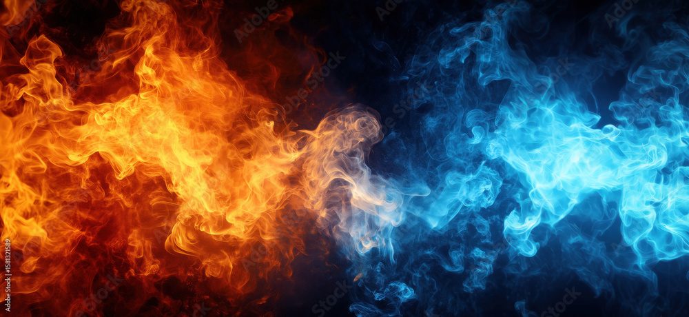 Fototapeta premium Dynamic clash of fire and ice with vibrant orange and blue smoke textures.