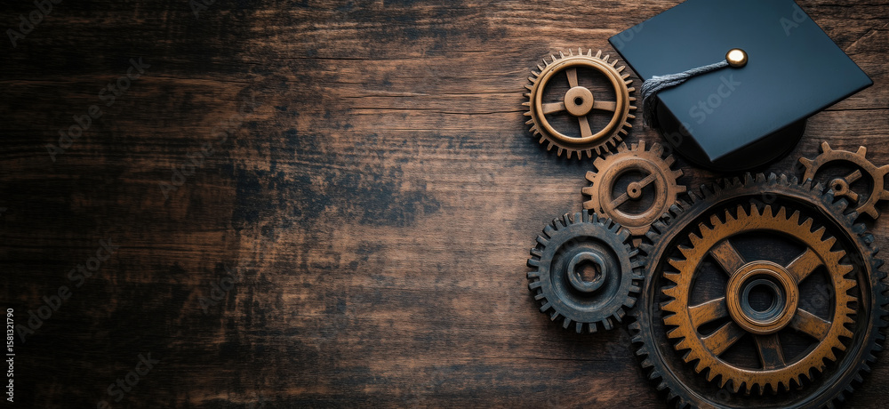Graduation cap and gears symbolizing education and engineering achievements. Graduation cap and gears symbolizing education and engineering achievements.