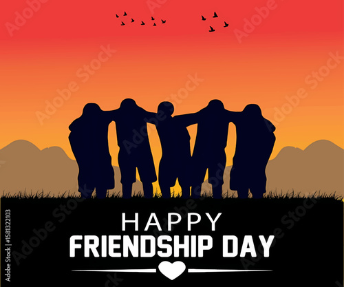 International Friendship Day Flat Art of Friends Silhouettes in Sunset Moment