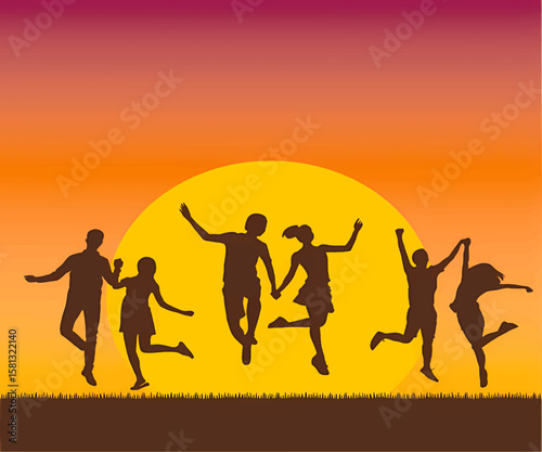 International Friendship Day Flat Layout Showing Friends Silhouettes at Sunset Scene