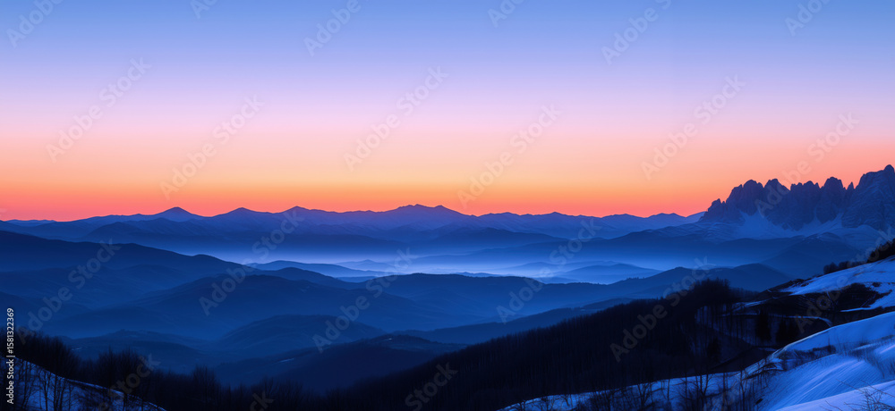 Obraz premium Stunning panoramic view of snow-covered mountains at dawn with vibrant colors.