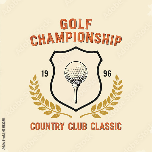 A classic golf championship design features a ball on a tee, set within a shield and laurel wreath, perfect for sporting event promotions and country club branding.