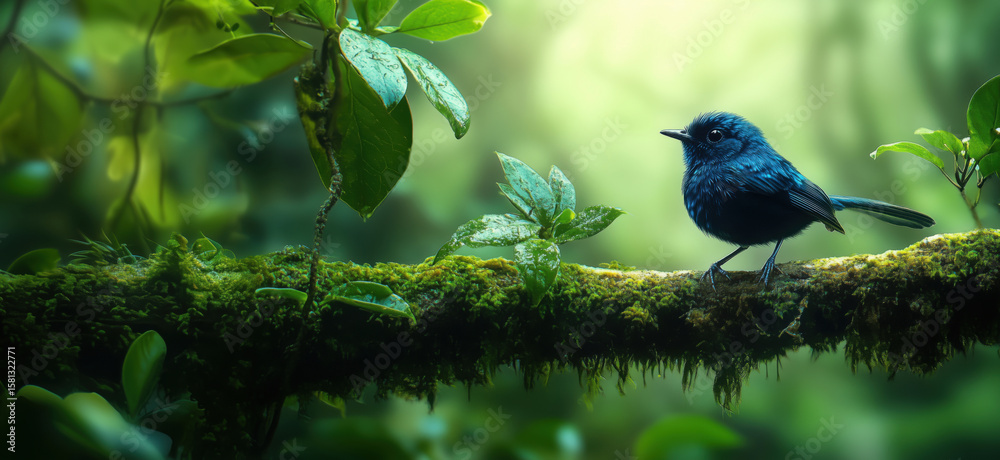 Obraz premium Blue bird perched on mossy branch in lush green rainforest environment.