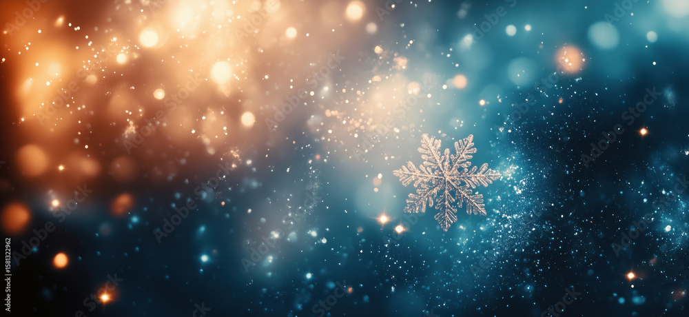 Obraz premium Beautiful snowflake on sparkling background with blue and orange bokeh lights.