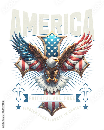 Patriotic Emblem: A powerful eagle, its wings adorned with the stars and stripes of the American flag, soars triumphantly against the backdrop of a symbolic cross, representing liberty and faith.