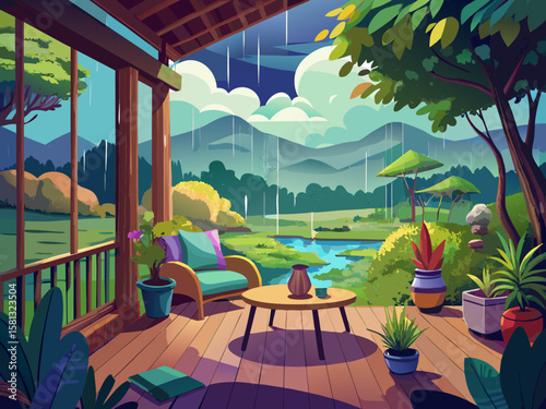 vector of A relaxing view from a cozy veranda on a rainy day in a beautiful green landscape...