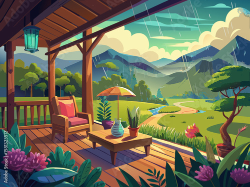 vector of A relaxing view from a cozy veranda on a rainy day in a beautiful green landscape...