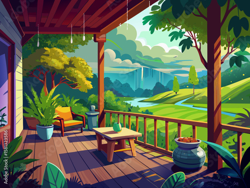 vector of A relaxing view from a cozy veranda on a rainy day in a beautiful green landscape...