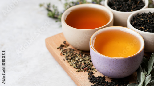 assortment of different teas in ceramic bowls on weathered wooden board