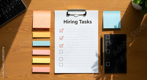 Organizing Hiring Tasks Checklist With Office Supplies On Wooden Desk Surface