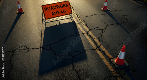 Roadwork ahead sign and safety cones on cracked asphalt road surface creating awareness