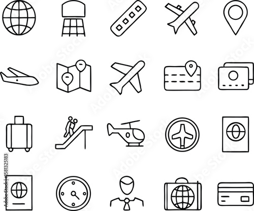 Minimalist Black Line Icons: Travel Airplane Helicopter Passport Map Globe Suitcase Credit Card