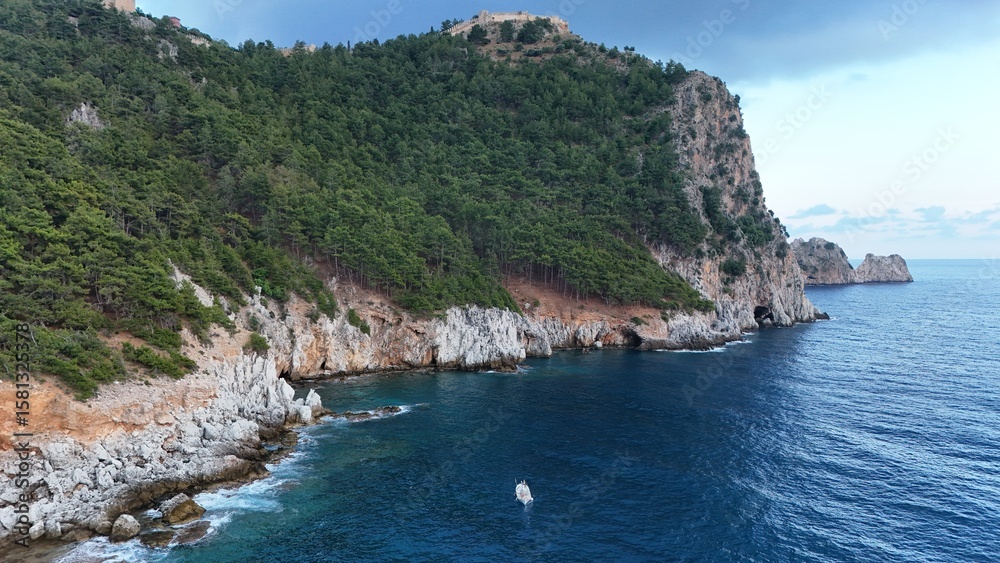Fototapeta premium Coastal rocky landscape. Cliffside forest coastline Coastal rocky
