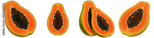   Image set 
Sliced papaya slices showing bright orange fruit and seeds 
, isolated on transparent background
 in various compositions.