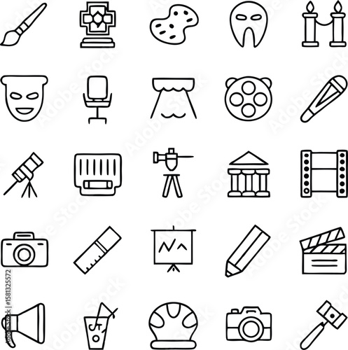 Black Line Art Icons Set: Various Professions Tools, Objects, Symbols vector