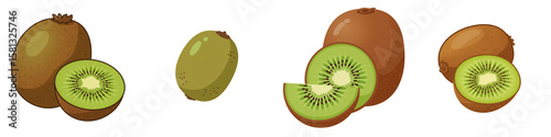 Kiwi fruit whole and sliced in different orientations on white background  