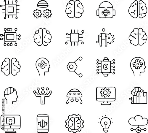 Black Line Icons Depicting Artificial Intelligence, Brain Technology, and Computing Concepts