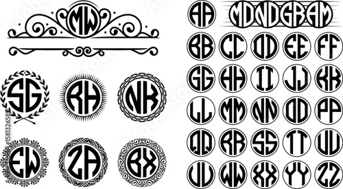 Two letters circle initial monogram logo design set with frame.