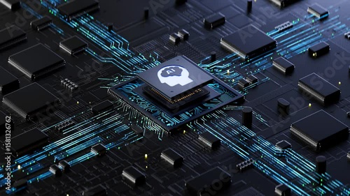 AI chip on a circuit board. Symbolizes technological advancement and artificial intelligence integration. 3d rendering, conceptual image.