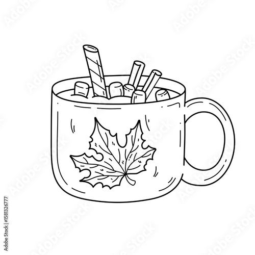 Hand drawn hot drink mug with maple leaf decor, cinnamon and marshmallow. Doodle outline illustration. Autumn vector illustration isolated on white background