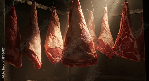 Hanging Raw Meat Cuts Showcase for Butcher Shop Display, Perfect Steak and Roast Beef
