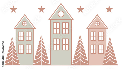 Charming cartoon houses and pine trees with stars in a minimalist festive winter scene

