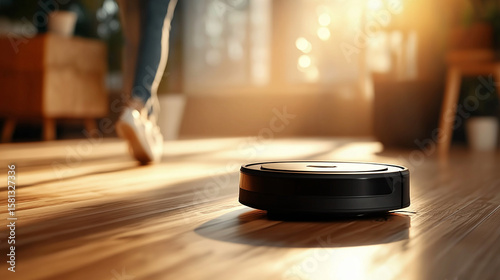 Close-up of an iRobot black round robot vacuum cleaner on the wooden floor in a living room. There is a blurred person wearing white shoes walking away from the camera. 