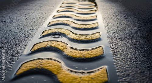 Reflective Road Surface: Wet rumble strips with water reflection on dark asphalt