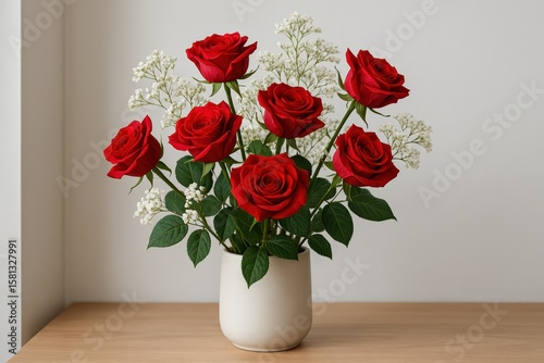 Wallpaper Mural Red Roses in Ceramic Vase with Greenery on Wooden Table Torontodigital.ca