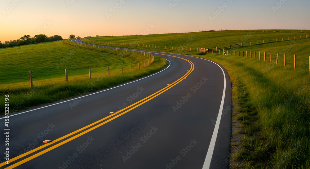 Fototapeta premium Scenic Winding Road Through Green Fields at Sunset offering a sense of freedom and adventure for travelers and nature lovers alike