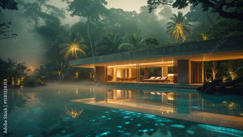 Obraz premium A luxurious resort with a pool, surrounded by a serene tropical forest at twilight.
