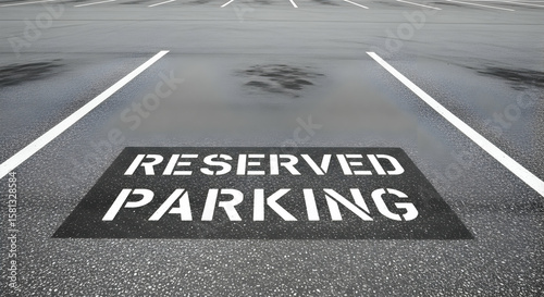 Reserved parking space on asphalt road wet with rain, white lines visible, symbolizing accessibility and planning for the future