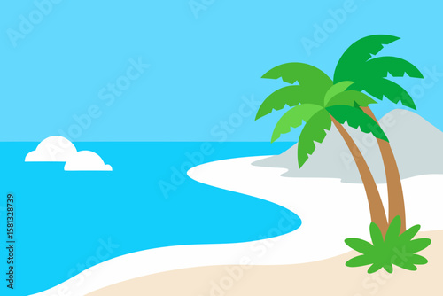 Tropical island paradise: sun-drenched beach with swaying palm trees and clear blue ocean waves